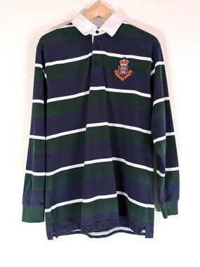 STITCHES & RIVETS Rugby Shirt Men's M Green Blue Striped Crest Long Sleeve Polo
